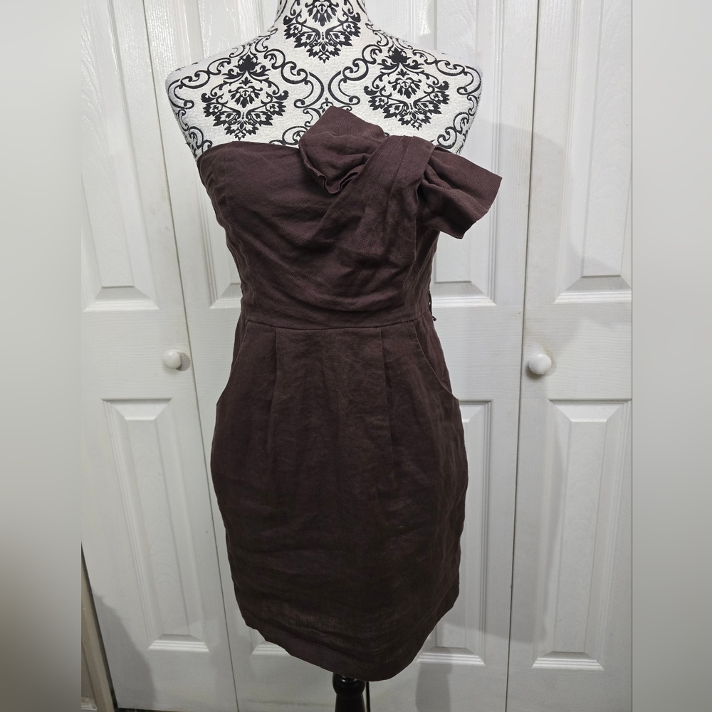 Pretty Good Brown 100% Linen Bow Decoration Strapless Mini Dress